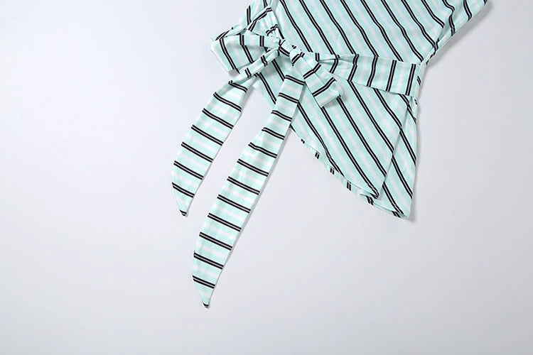 Striped Patchwork Two Piece Set With Skew Collar And Bike Shorts for Women