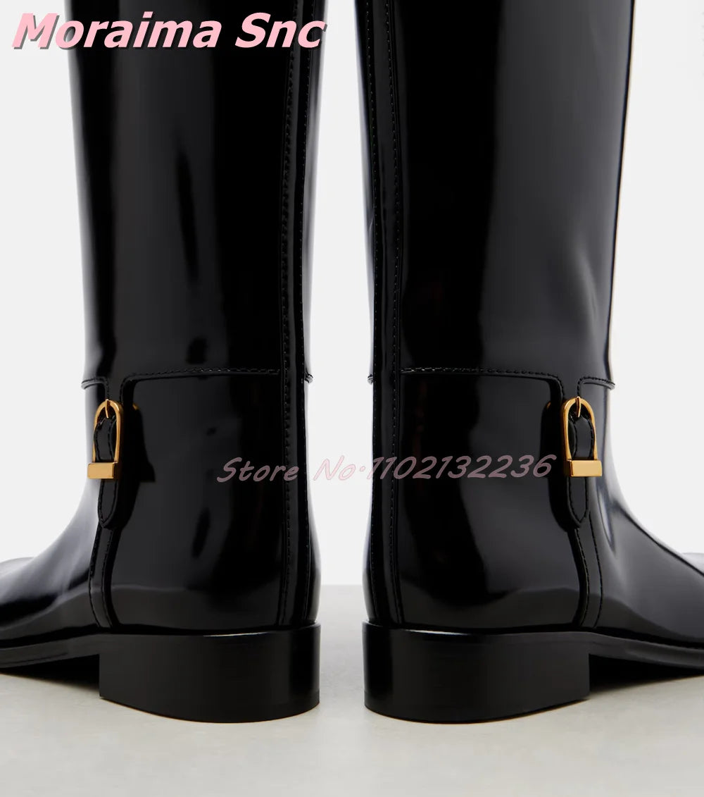 Elegant Patent Leather Round Toe Knee High Boots for Women