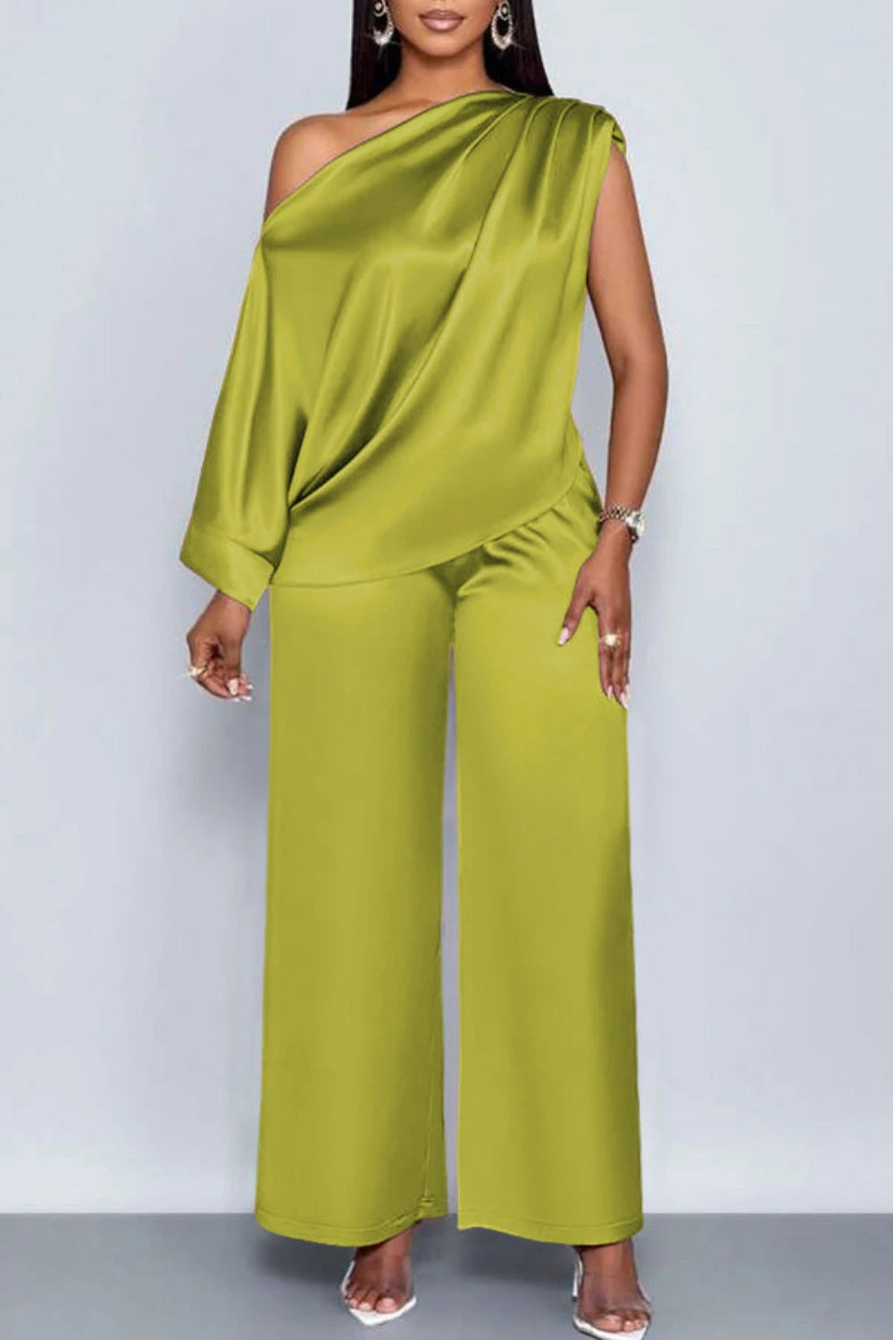 Plus Size Business Casual Green Elegant Oblique Collar Short Sleeve Pocket Satin Two Piece Pant Sets