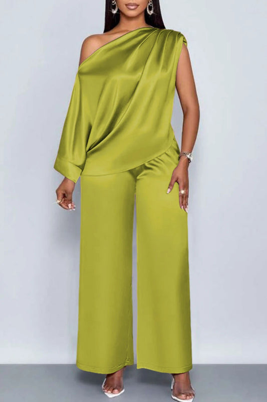 Plus Size Business Casual Green Elegant Oblique Collar Short Sleeve Pocket Satin Two Piece Pant Sets