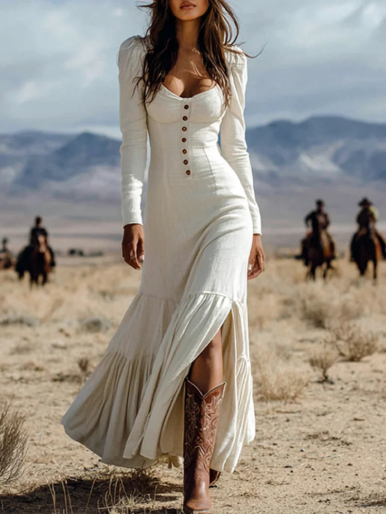 O Neck Button Pleated Maxi Dress