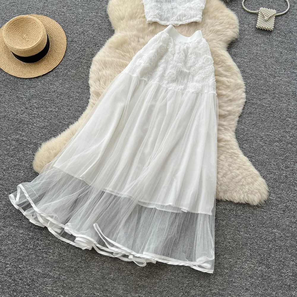 3D Floral Lace Camisole and Pleated Skirt Set for Women