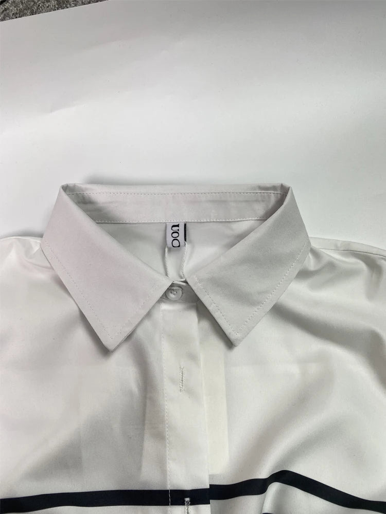 Lemongor Women's Lapel Shirts 2025 New Spring Fashion Striped Contrast Color Buttoned Flared Sleeves Loose Urban Casual Blouses