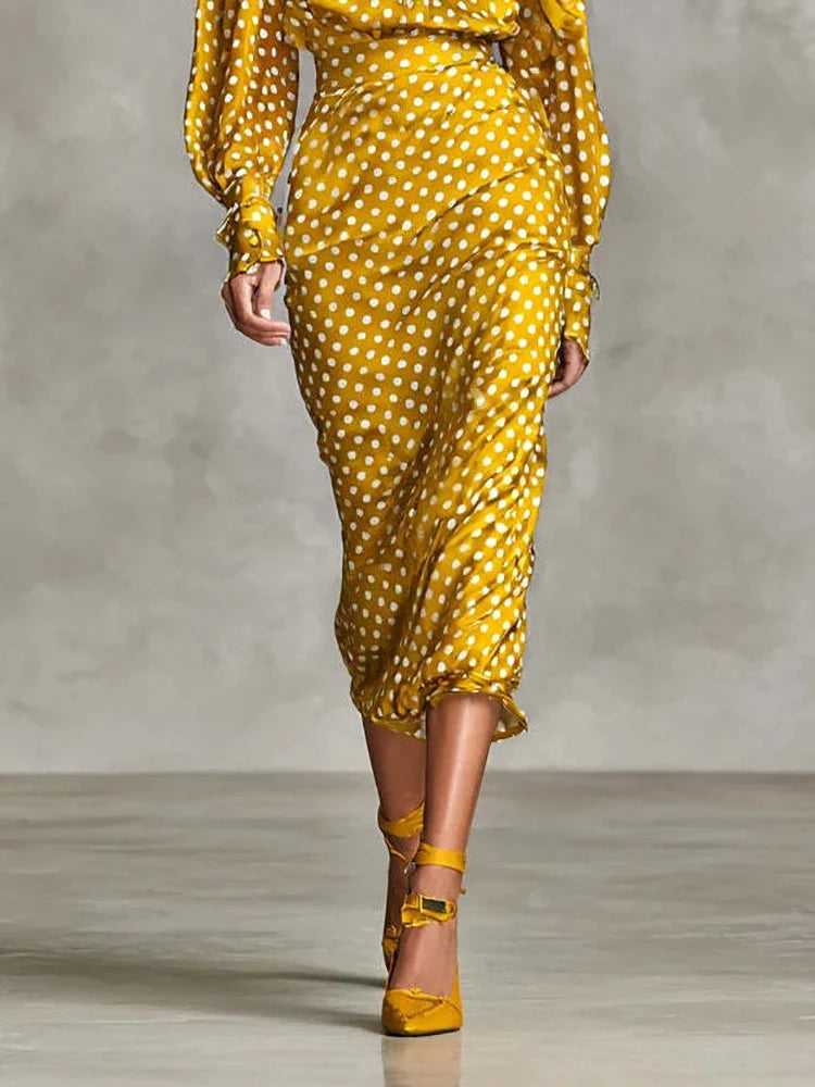 Elegant Polka Dot Long Sleeve Two Piece Skirt Set for Women