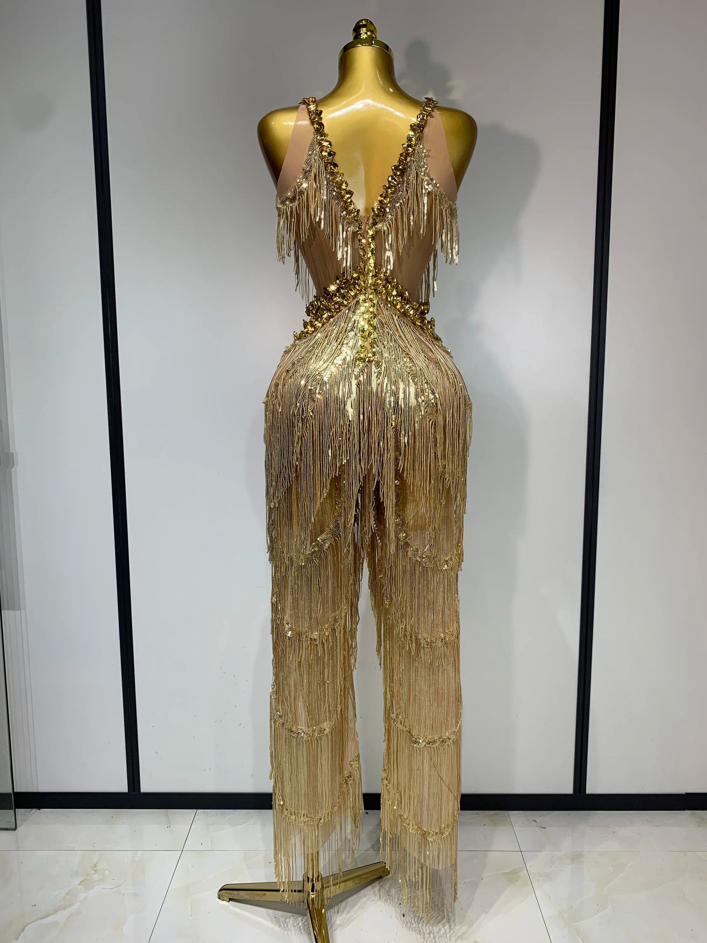 Gold Rhinestones Fringe Jumpsuit