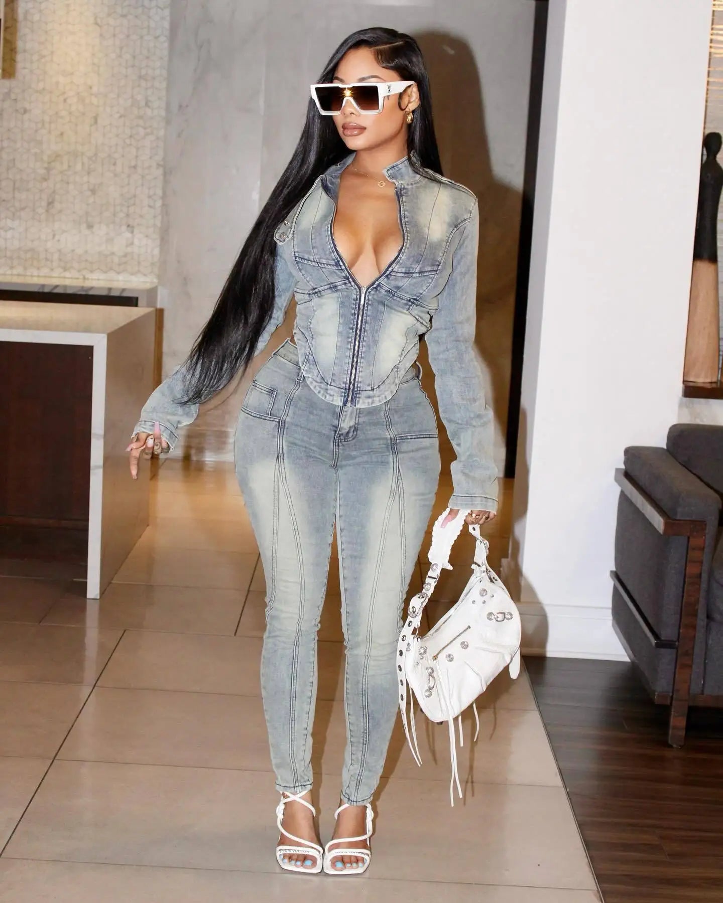 Classic Blue Denim Two Piece Matching Outfit Set for Women