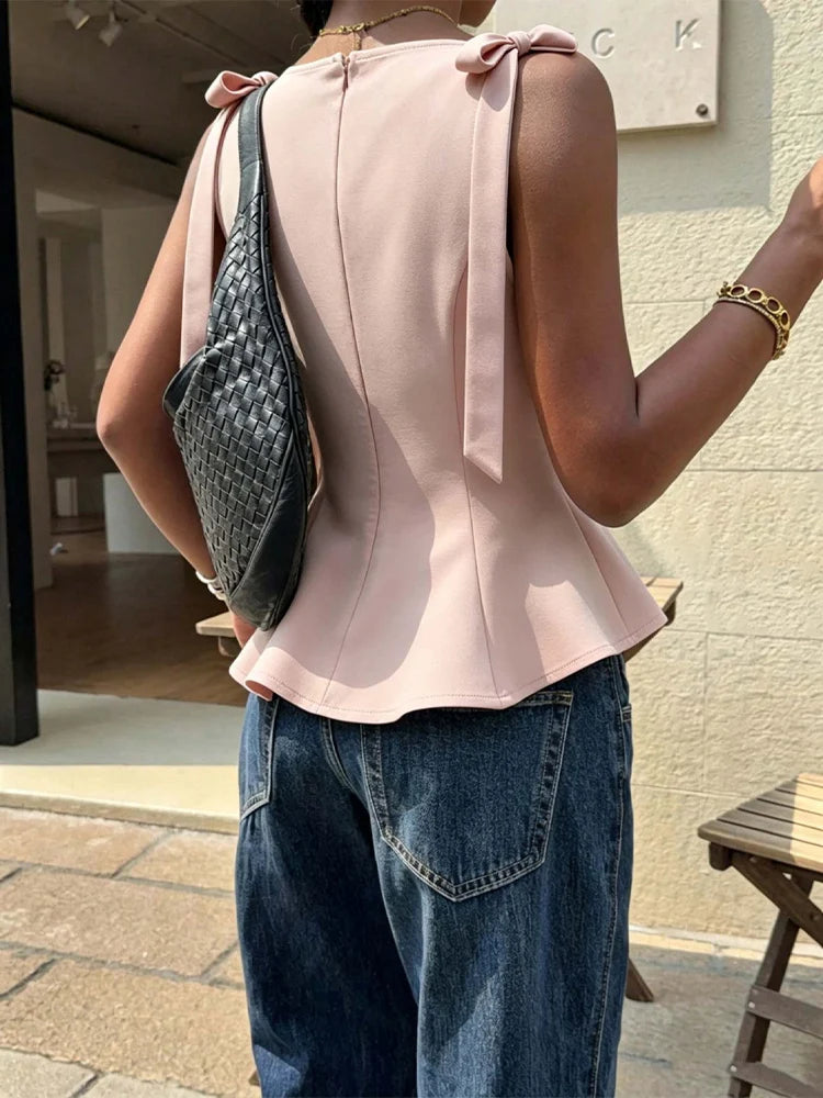 Lace Up Bow Detail Round Neck Sleeveless Top For Women