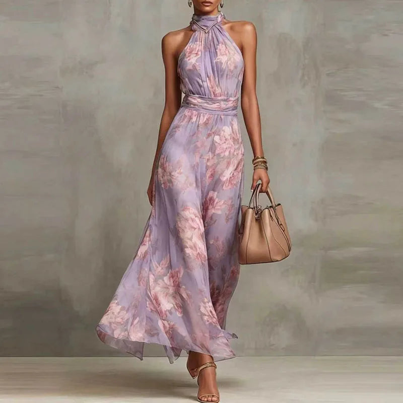 Flowing Floral Halter Ruched Waist Maxi Dress for Women