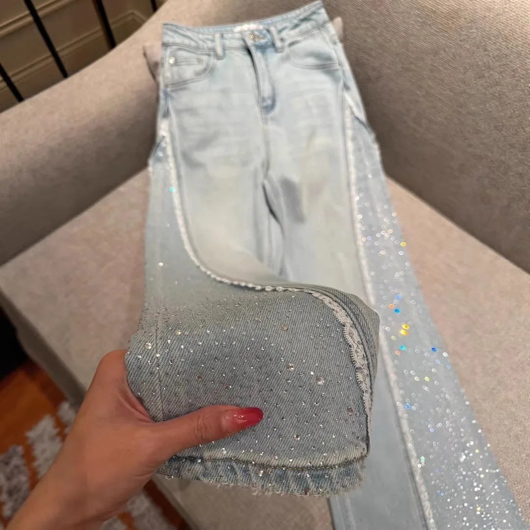 Rhinestone Embellished Washed Denim Straight Leg Jeans for Women