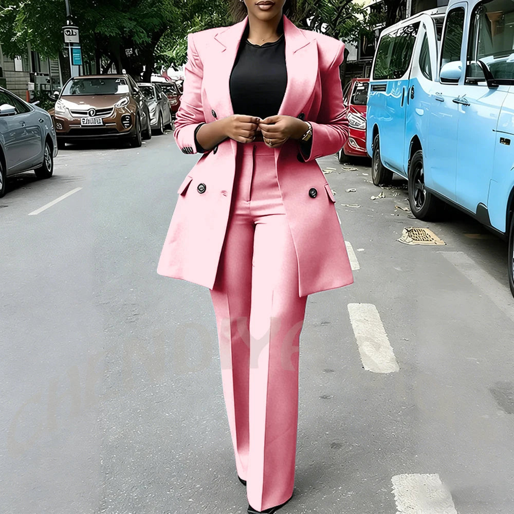 High Quality Women Suits Double Breasted Straight Formal 2 Piece Jacket Pants Peak Lapel High Street Daily Office Casual Suit
