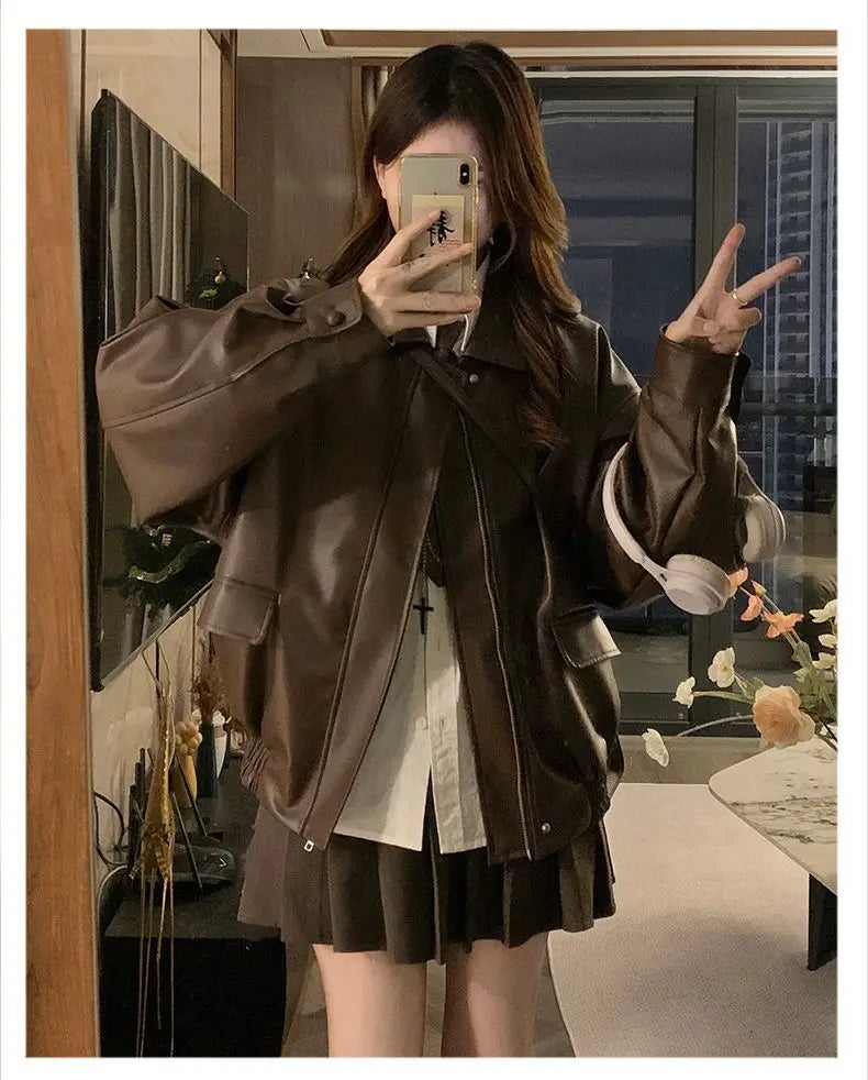 Short American Retro PU Leather Baseball Jacket for Women