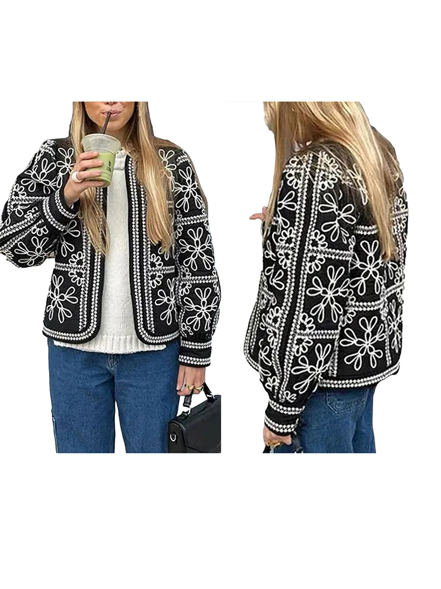 Women'S Retro Open Front Printed Embroidered Jacket, Lightweight Casual Long Sleeved Autumn Street Fashion Cardigan