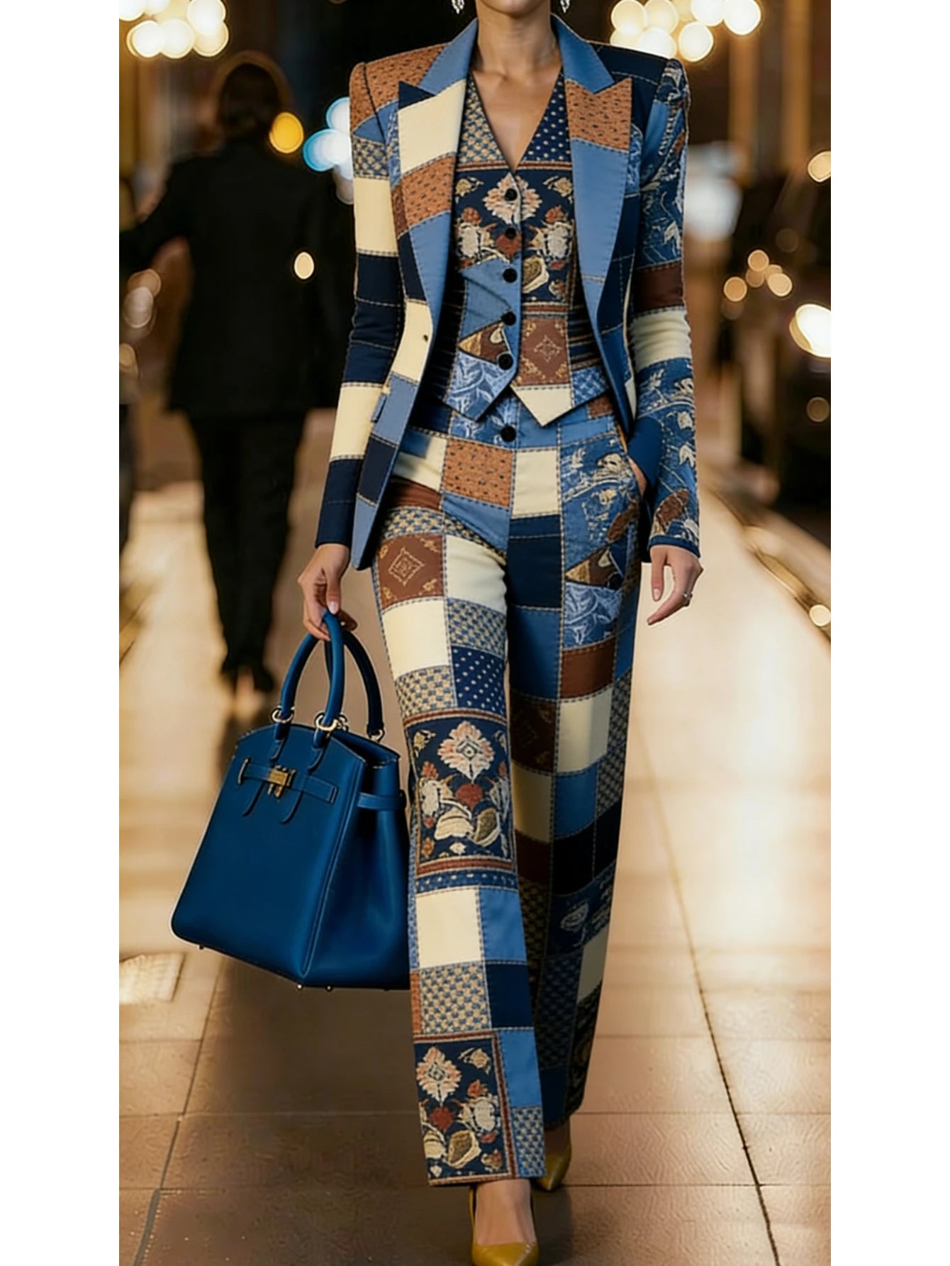 Women's Three Piece Patchwork Printed Lapel Blazer Vest Wide Leg Pants For Business Dinner Street Fashion Occasions