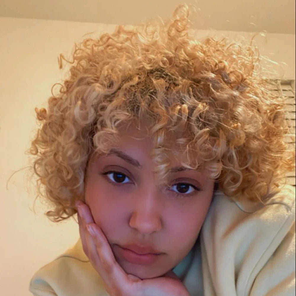 Blonde Brazilian Human Hair Wig Short Deep Wave Pixie Cut with Pre Plucked Bangs for Women Machine Made Curly 100% Human Hair