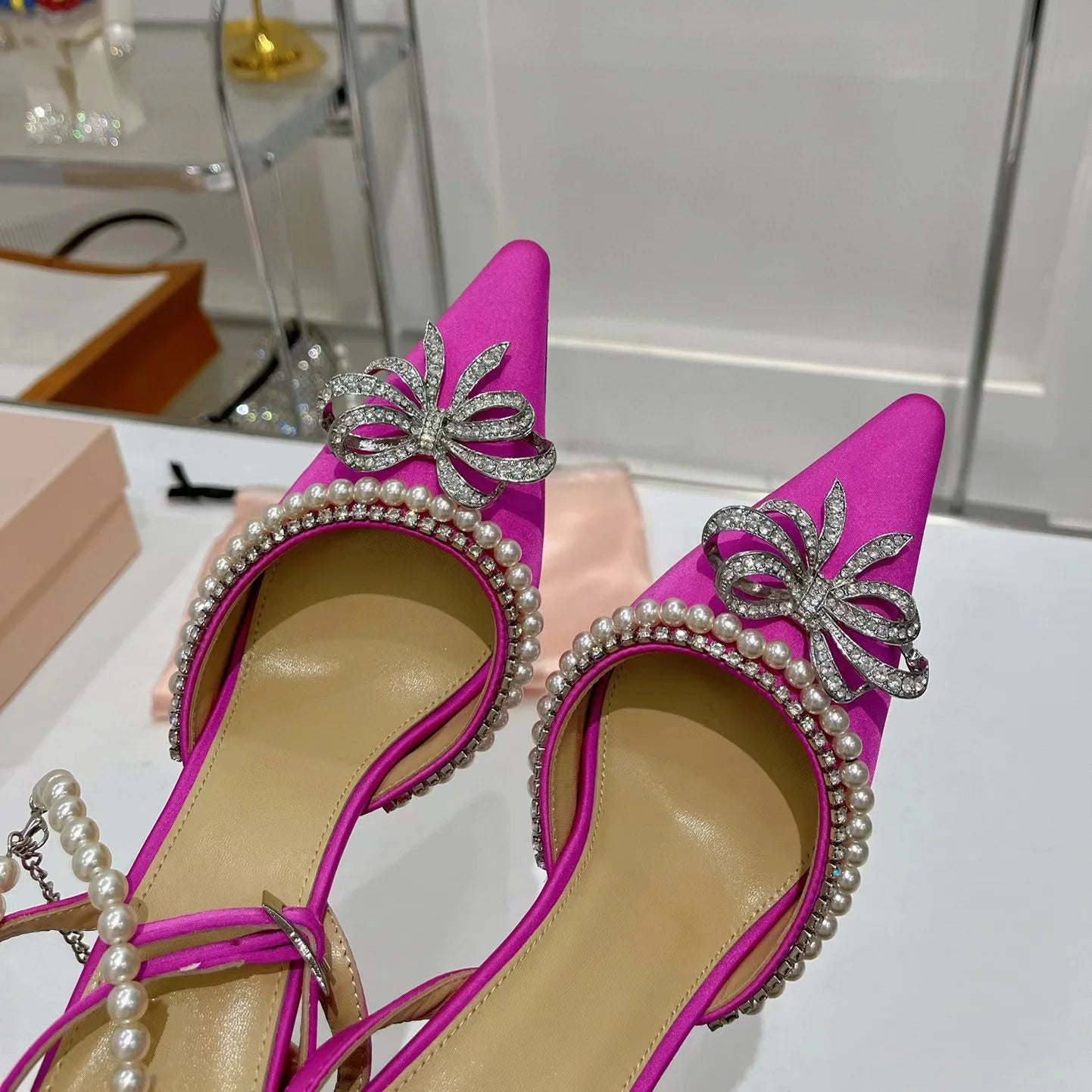 Candy Color Crystal Bow Pearls Buckle Sandals Design Women Rhinestones Bow Pointed Toe Pearls Buckle Slingback 8Cm Heel Sandals