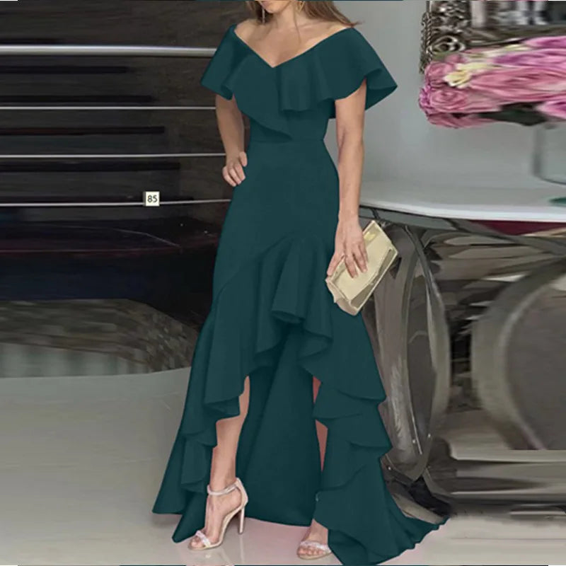 Elegant V-Neck Ruffle Hem Asymmetrical Dress European Style Women's Fashion 2026 Gown Classy Eveningwear