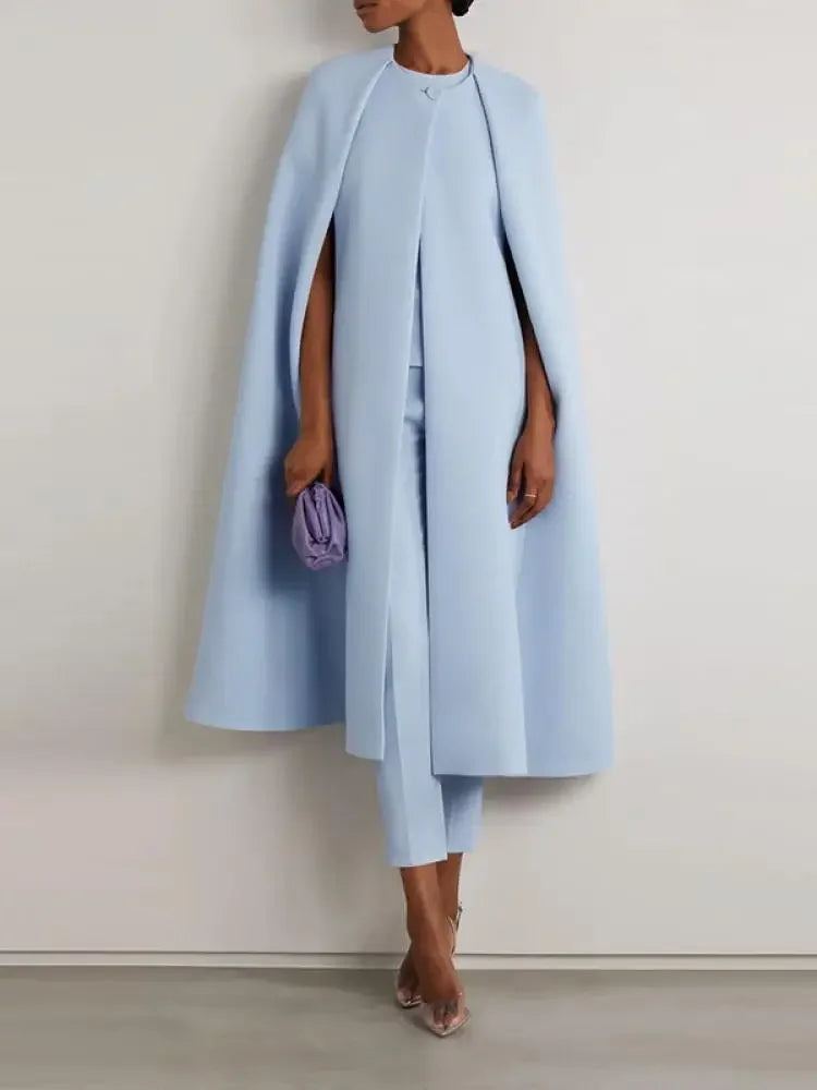 Elegant Solid Color Cape Coat High Waist Pants Two Piece Set For Women