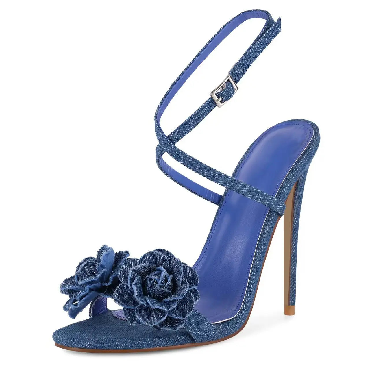 Denim Rose Floral Open Toe Adjustable Ankle Strap Stiletto Sandals for Women