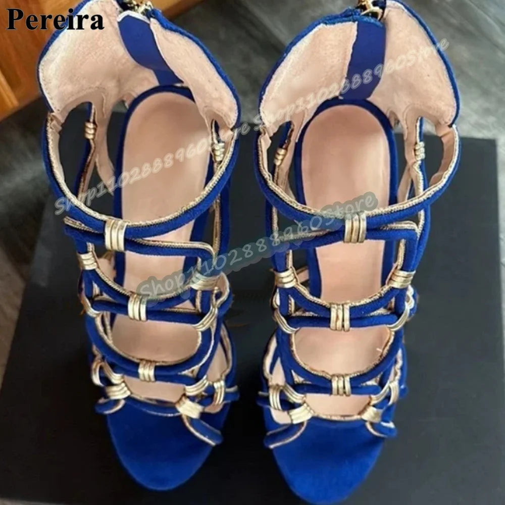 Narrow Strap Blue Flock Platform Casual Sandals Stilettos High Heel Shoes For Women Back Zipper Open Toe 2026 Zapatos Para Mujer