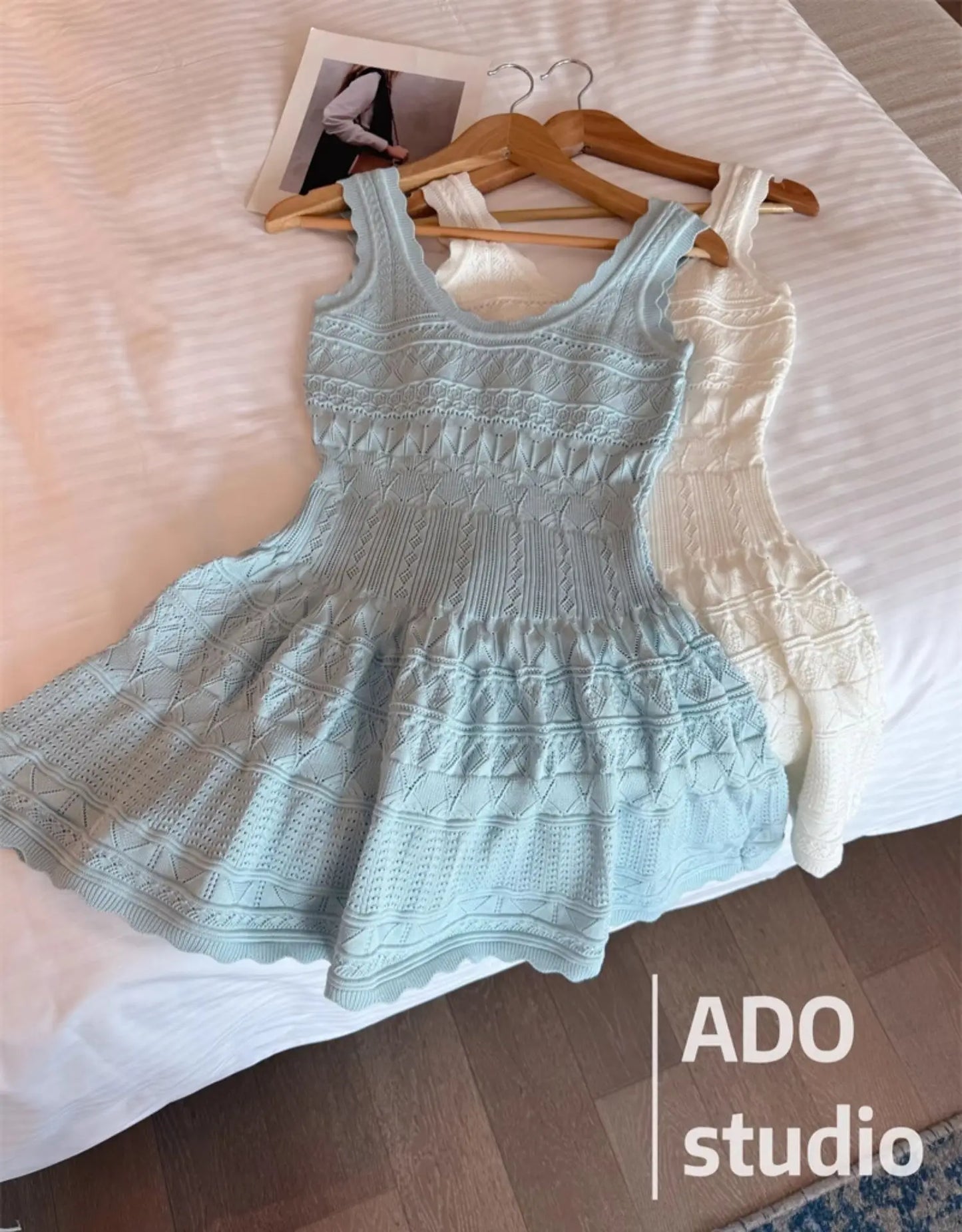 White Sweet A-line Ruffle Edge Knitted Vest Dress Women's Summer French Fashion Slim Temperament Sexy Girl Hollow Short Dress