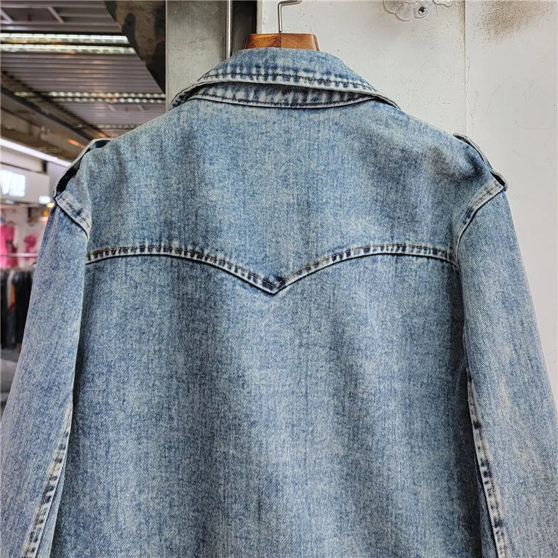 Elegant Rhinestone Beaded Lapel Denim Jacket for Women