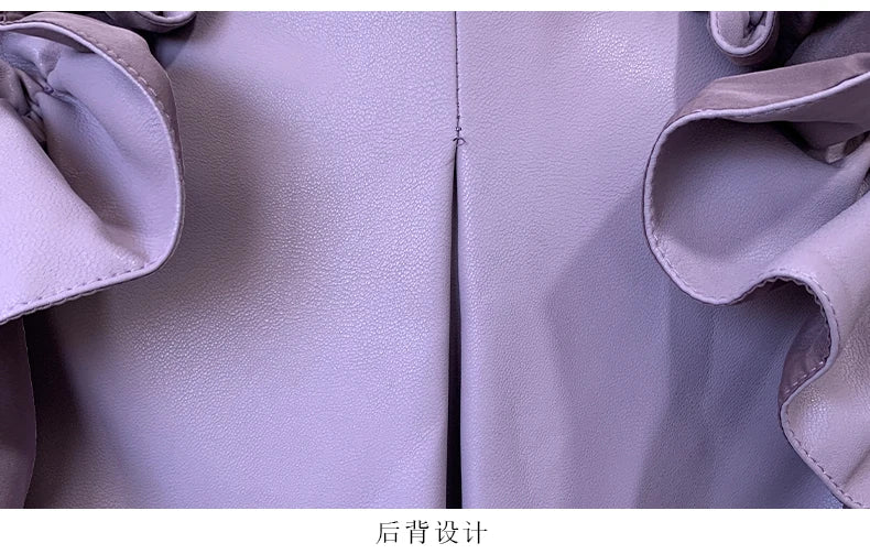 Long Purple Faux Leather Trench Coat With Ruffled Collar For Women