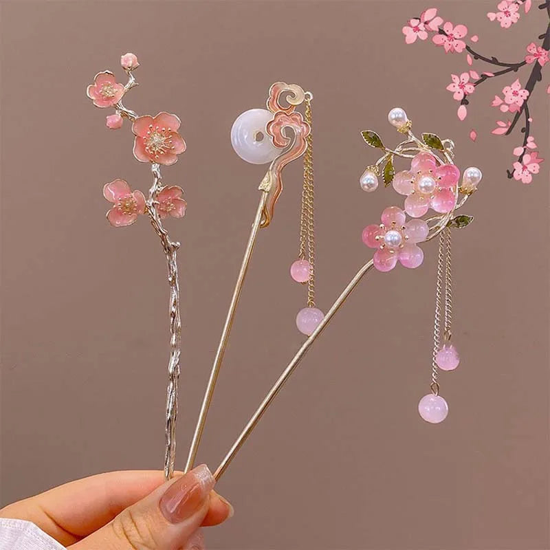 Floral Crystal Tassel Hair Sticks