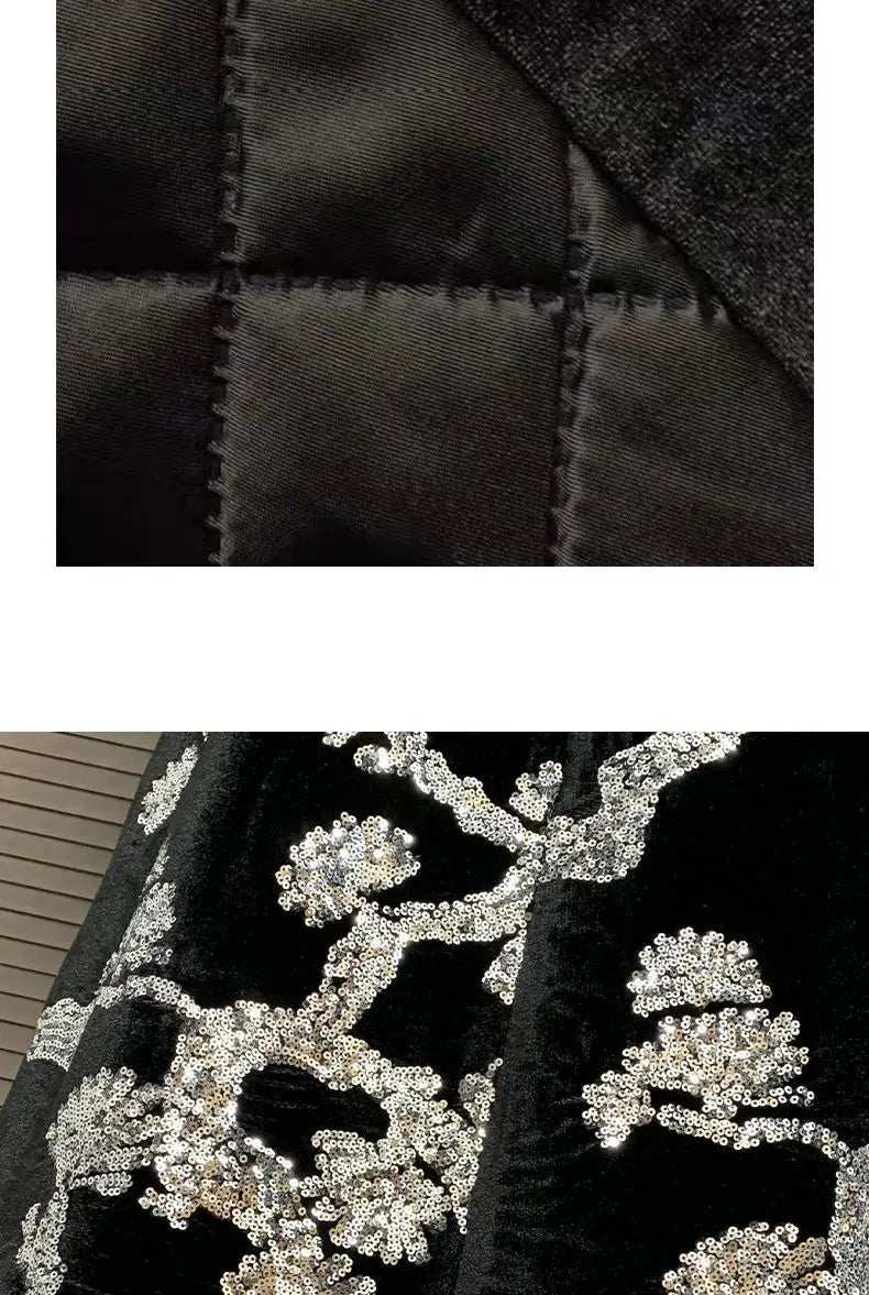 Black Velvet Sequins Windbreaker Coat Autumn/Winter New English style Luxury Sequin Embroidered Women's Coat