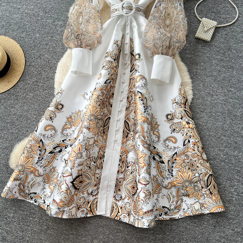 Elegant Printed Mesh Spliced A Line Maxi Dress for Women
