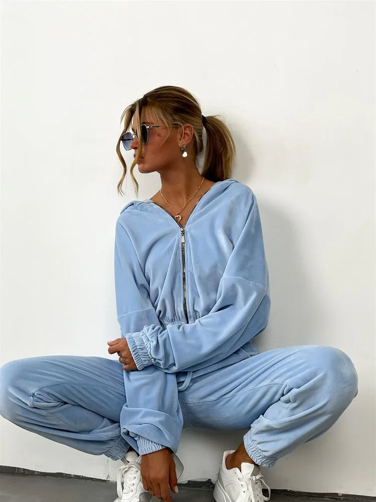 Hooded Zipper Hoodie and Trouser Tracksuit Set for Women