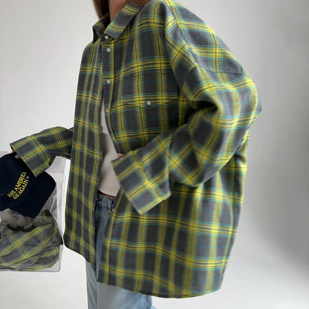 FSMG-Versatile Plaid Shirt For Women, Red Bright Grid, Oversized Blouse, Leisure And Fashionable Top, Spring And Autumn Seasons