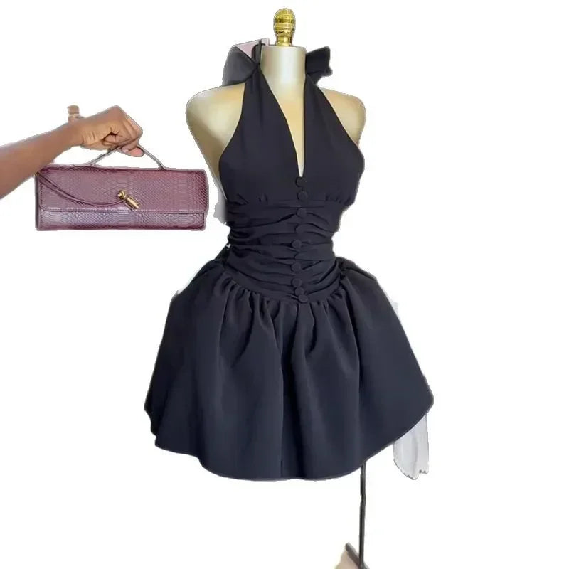Summer Backless V Neck Butterfly Knot Mini Dress for Women