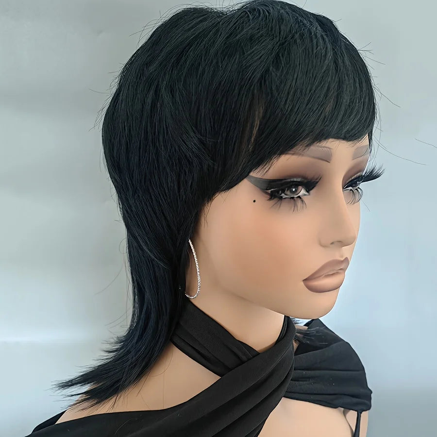 Short Black Shaggy Layered Mullet Wig For Women With Bangs