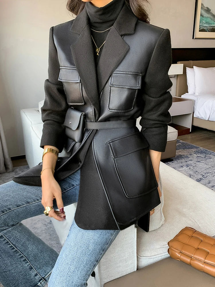 Black Patchwork Faux Leather Jacket With Pockets For Women