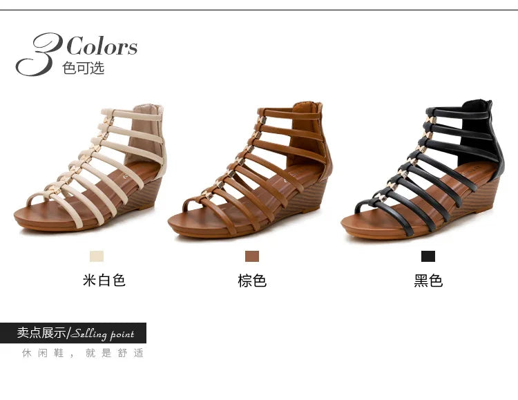 Vintage Hollow Roman Wedge Sandals Round Toe For Women