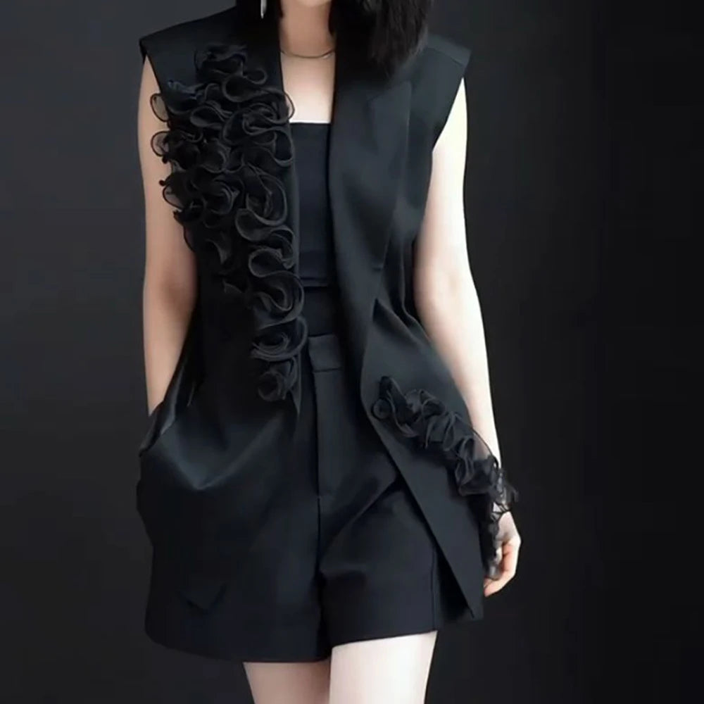 Black Floral V Neck Vest And Shorts Two Piece Set For Women