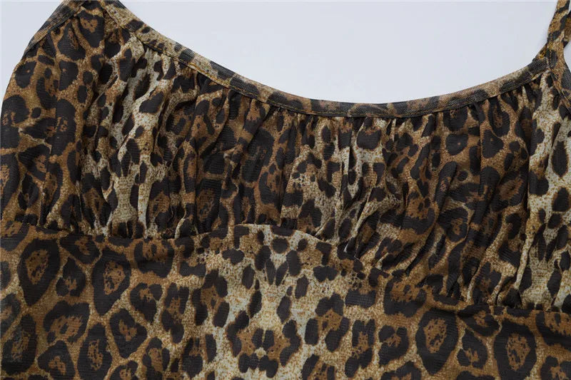 Leopard Mesh Bodysuit And Flare Pants Set for Women