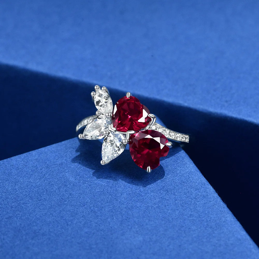 PANSYSEN Vintage 100% 925 Sterling Silver 7*7MM Heart Cut Ruby Diamond Rings for Women Wedding Engagement Fine Jewelry Ring Gift