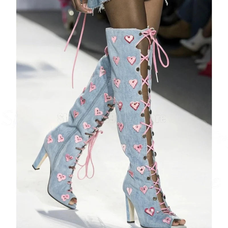 Chunky Heel Pointy Toe Denim Boots With Side Zipper For Women