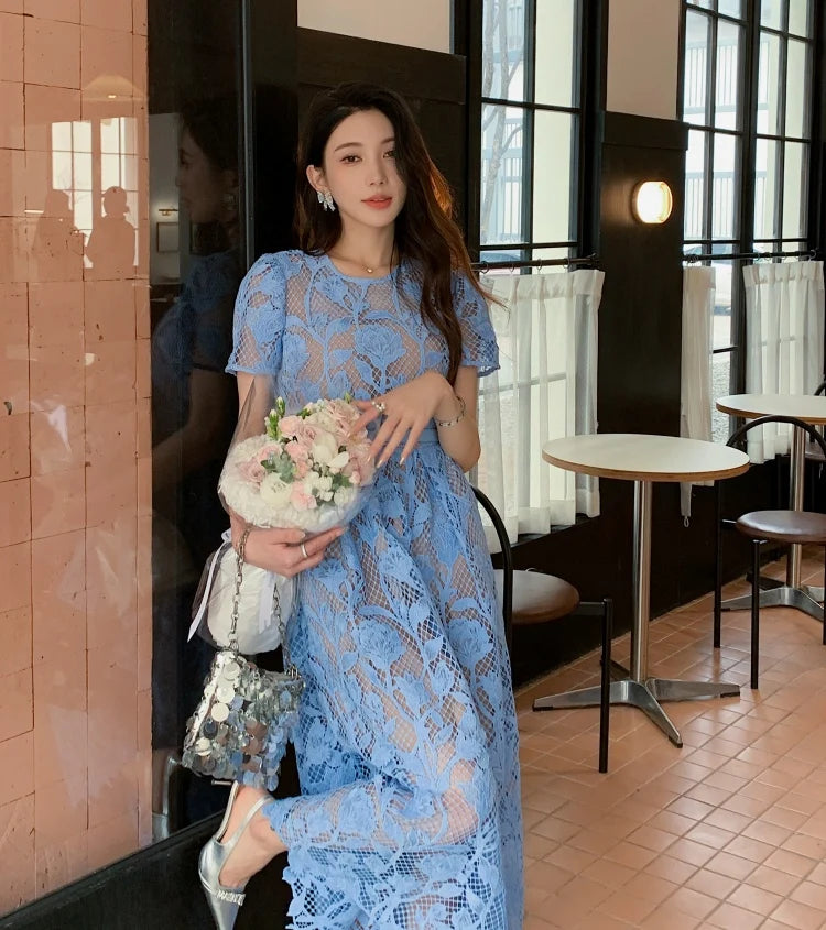 High-end Blue Heavy Lace Hollow Round Neck Short Sleeve Women's Summer Dresses New Elegant High Waist Slim Long Party Dress