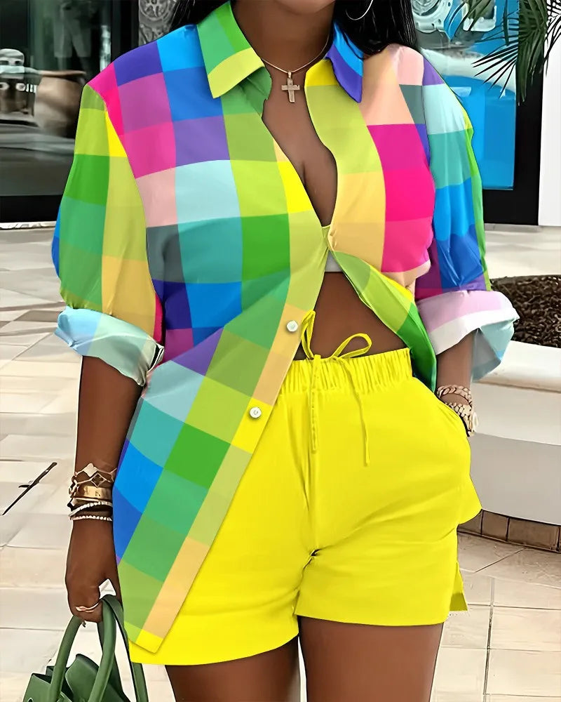 Casual Geometric Print Shirt Shorts Two Piece Set for Women