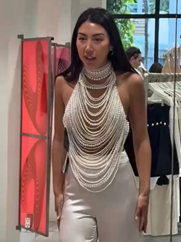Elegant Pearl Halter Tank Top With Layered Chain Trim for Women
