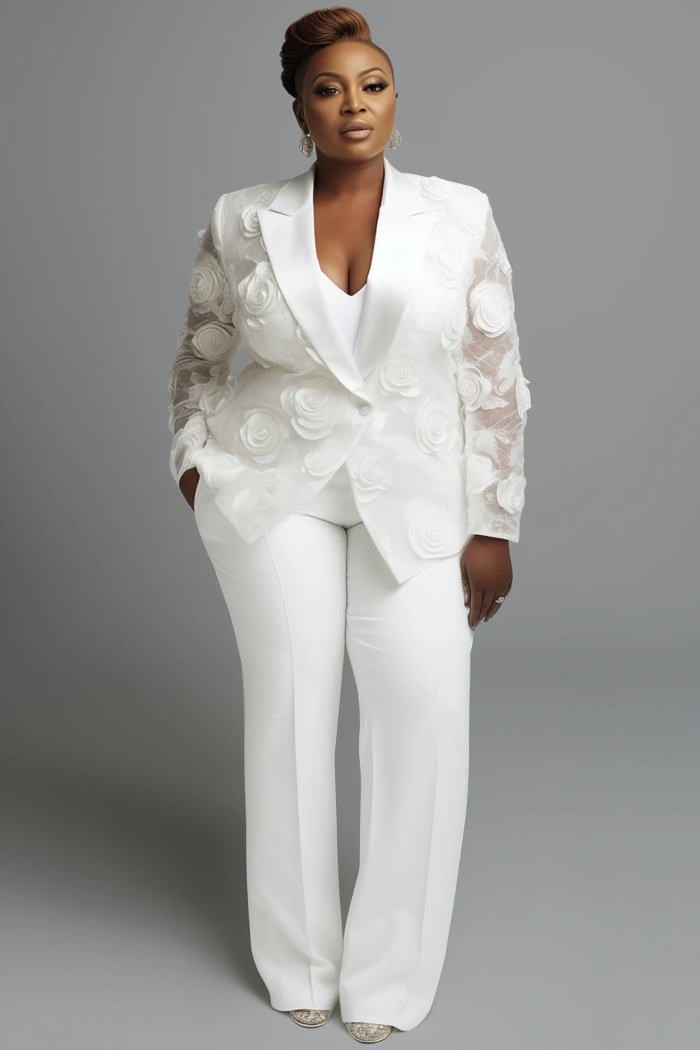 Plus Size Wedding White Elegant Lapel Collar Long Sleeve See Through 3D Two Piece Pant Suits