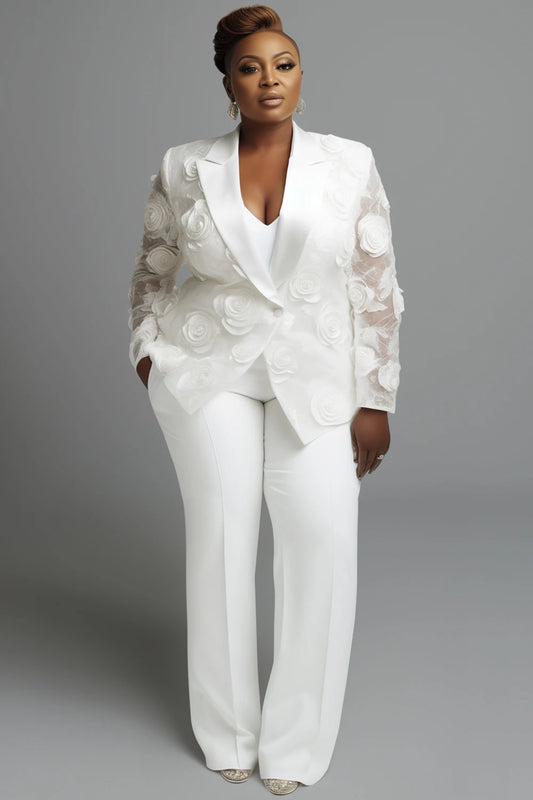 Plus Size Wedding White Elegant Lapel Collar Long Sleeve See Through 3D Two Piece Pant Suits