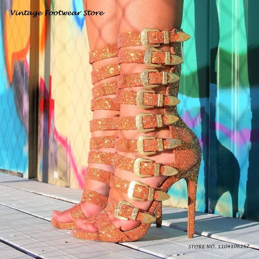 Glittering Sequined Open Toe Thin Heel Sandals for Women