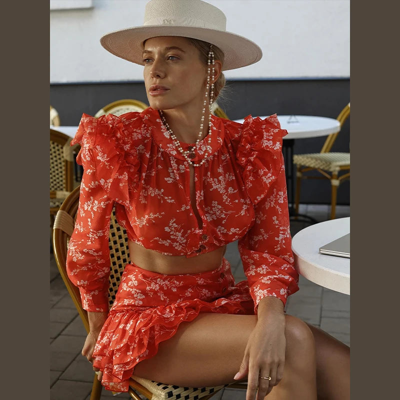 Red Print Butterfly Sleeve Hollow Out Skirt Set for Women