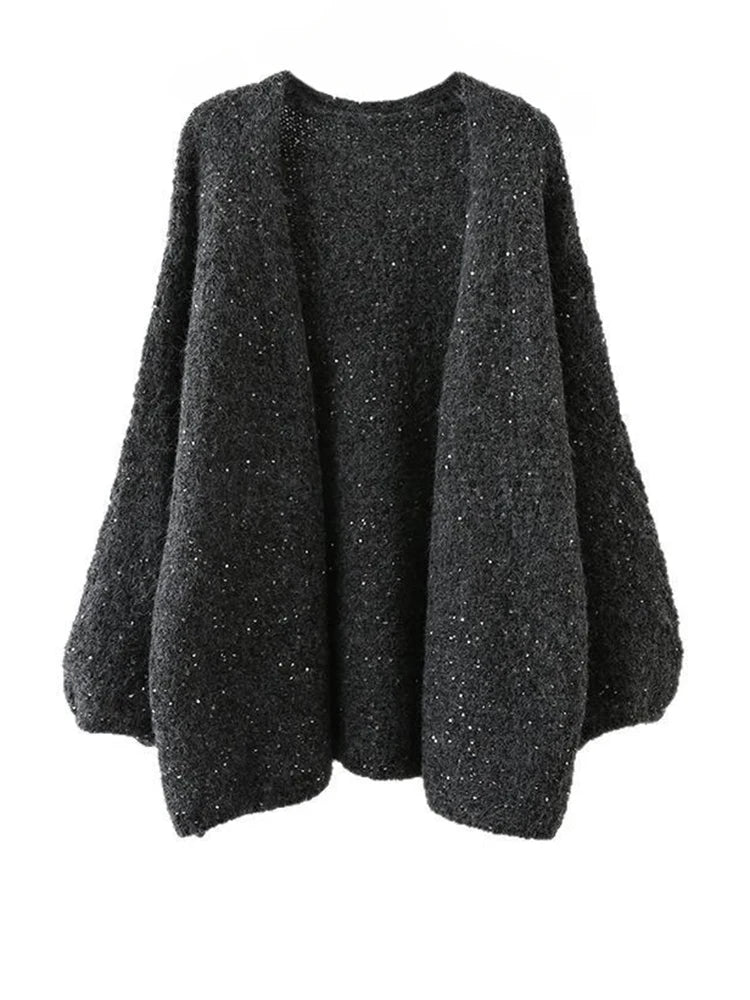 [EAM] Red Sequins Big Size Casual Knitting Cardigan Sweater V-Neck Long Sleeve Women New Fashion Tide Spring Autumn 2025 1DJ3382