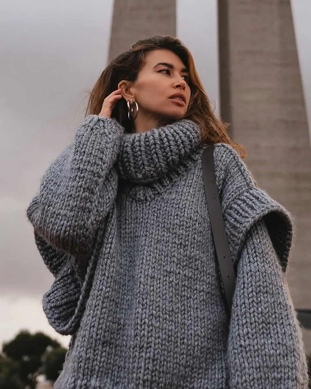 Oversized Knit Turtleneck Sweater With Lantern Sleeves For Women