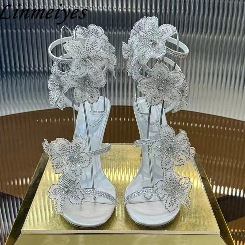Rhinestone Flower Embellished Wedding High Heel Sandals for Women
