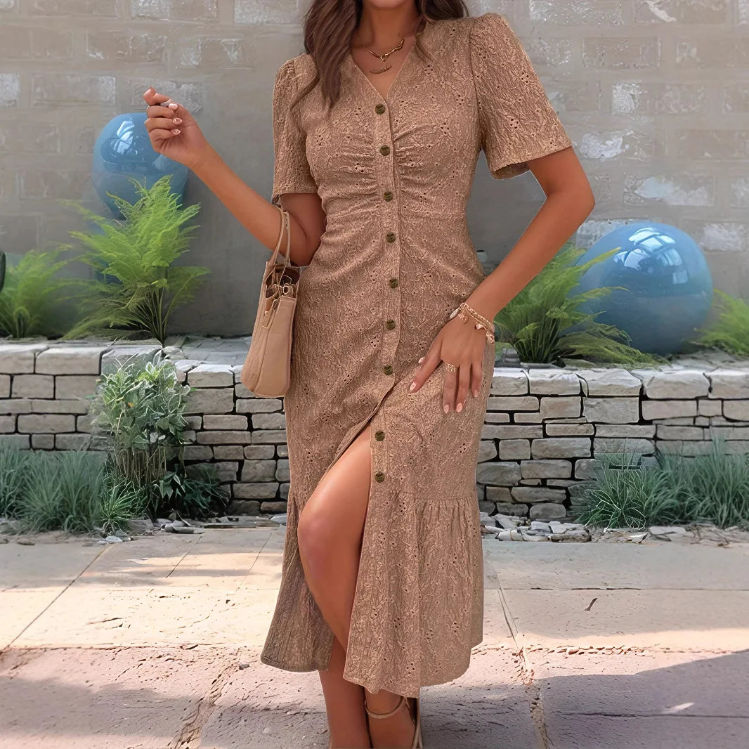 Ankle Length Wrinkle Solid Color Shirt Dress for Women